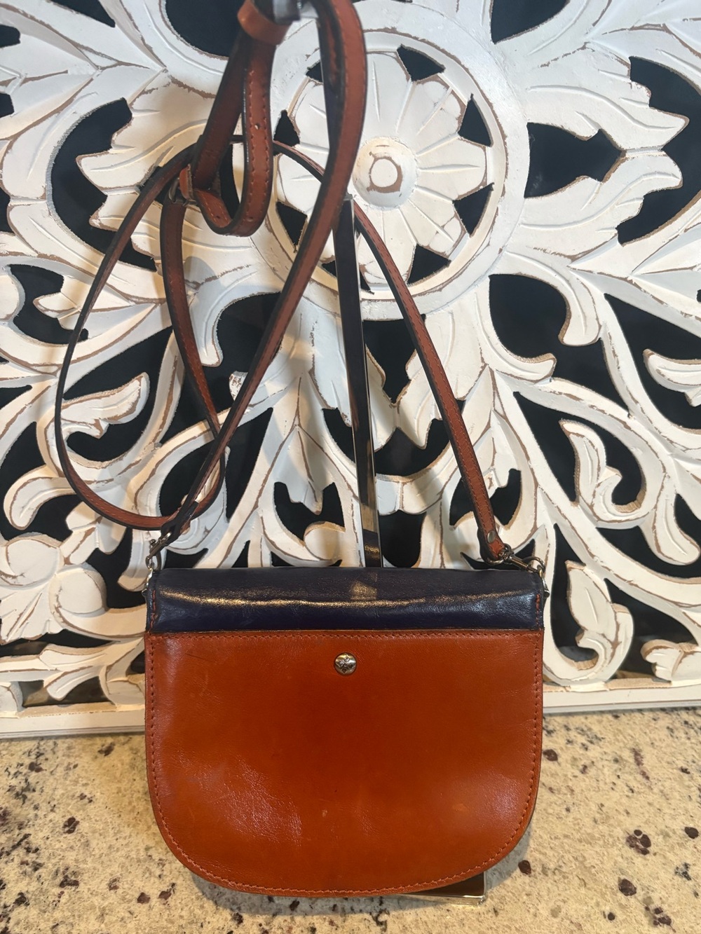 Patricia Nash Bettina Leather Crossbody Saddle Bag in Navy and Brown - Picture 3 of 15